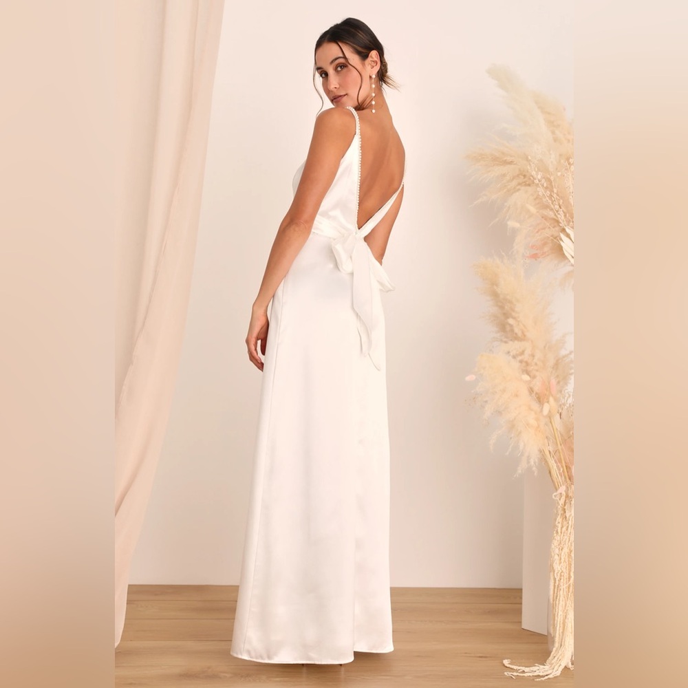 NEW Lulu’s Ready For Forever White Satin Pearl Tie-Back Maxi Dress